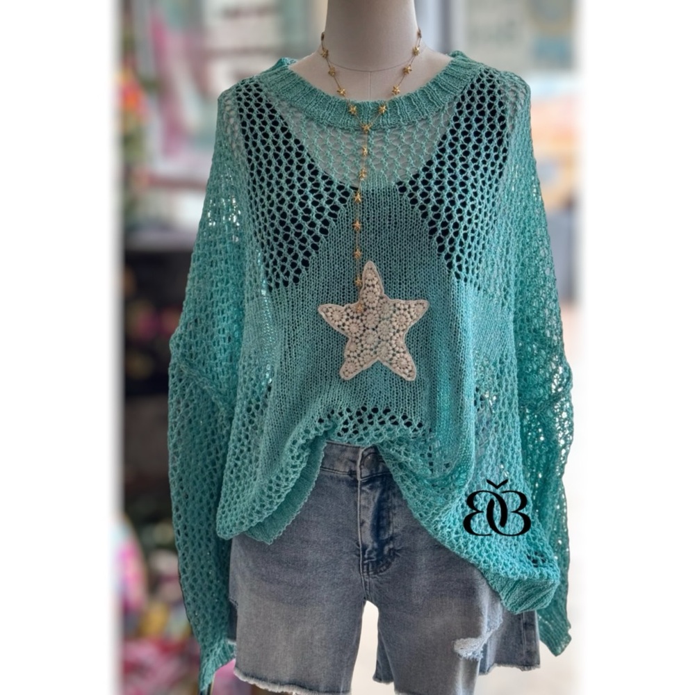 POL Blue Oversized Open Knit Sweater with Center Star Patch - Picture 10 of 11